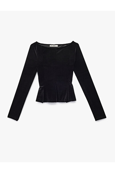 Koton Slim Fit Boat Neck Long Sleeve Velvet Peplum T-Shirt