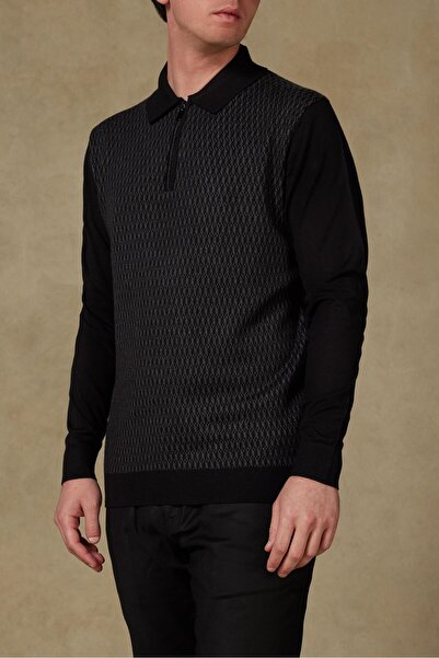 Abbate Claro Knitted Fabric Cotton Blend Modern Fit Black Polo Neck Men's Patterned Knitwear