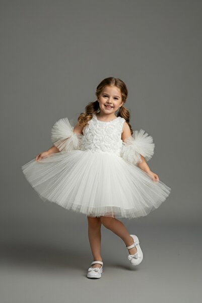 Delfini kids Сукня з рукавами-помпонами, з тюлевим принтом у вигляді троянд, для вечірок та днів народження