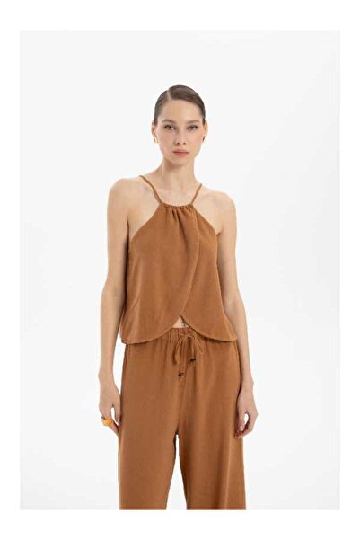 İpekçi Otantik İp Askılı Asimetrik Kesim Keten Karışımlı Bluz