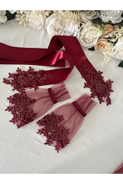 LE FANTASİA Bordo Vip Delux Gelin Eldiveni ve Kuşak , Kına Eldiveni, Bel Kuşa...