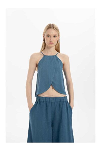 İpekçi Otantik İp Askılı Asimetrik Kesim Keten Karışımlı Bluz