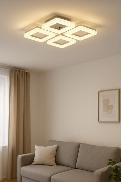 ÖZÇELİKLER Kristal Görünümlü 4'lü Kare LED Krom Tavan Avizesi 3 Renk