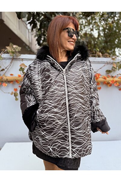 DenizEge Hooded Fur Striped Coat