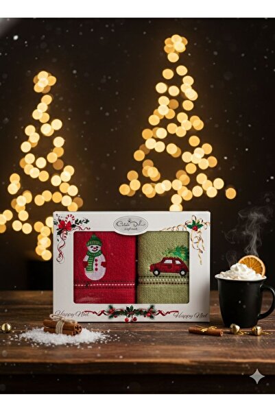 Coton Delux Yılbaşı Temalı 2’li Nakışlı El Havlusu Seti (40x60 cm) –%100 Pamuklu - Hediyelik & Dekoratif