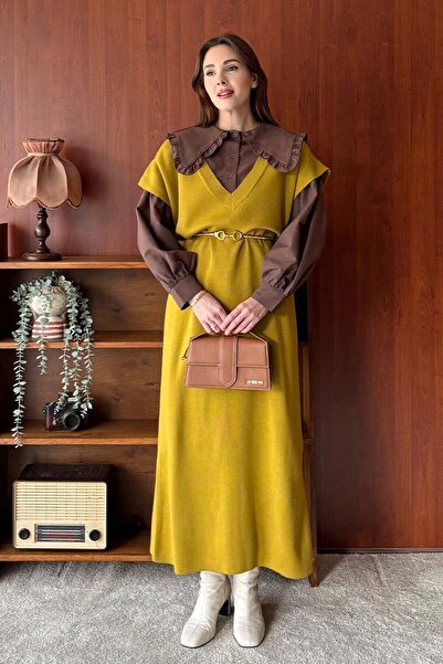 Ceylan Otantik Oil Green Knitwear V-Neck Gilet & Bitter Brown Ruffle Collar Crop Shirt Set