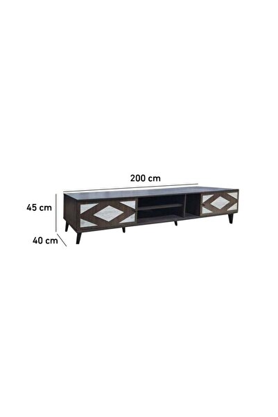 BAITY Rectangular TV Table 200 cm, 2 Drawers, Malaysian Wood - Brown and Gray
