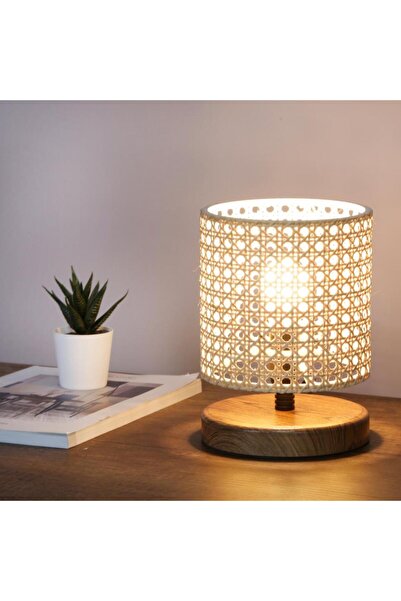 METEDEKOR Rattan Başlıklı Rakkas Serisi Ahşap Tabanlı Mini Hazeran Abajur