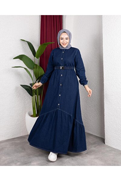 Hb Harma Time Butik Women's Buttoned Belted Denim Dark Jeans Blue Dress