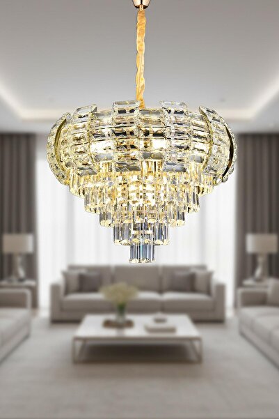 Ünal Aydınlatma Billur Gold 50 cm Kristal Taşlı Modern Avize – Salon ve Oturm...