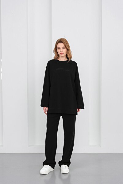 Basicpark Black Women's Embroidery Detailed Oversized Pique Textured Wide Leg Top and Bottom Set