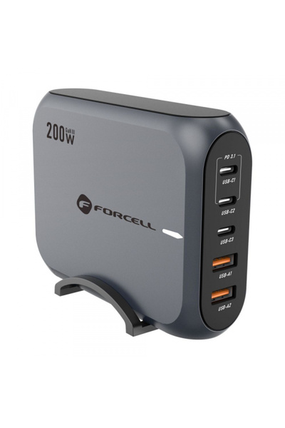 Universal Forcell F-ENERGY GaN III VT-51 Station Charger, 200W, 5A, 2 x USB-A - 3 x USB-C, Gray
