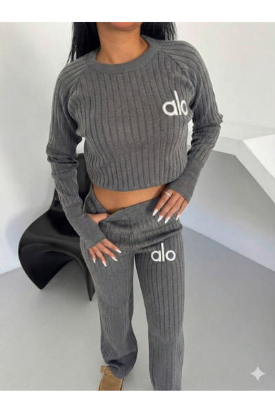 ribana Double Strapped Cycling Collar Striped Patterned Knitwear Tracksuit Set