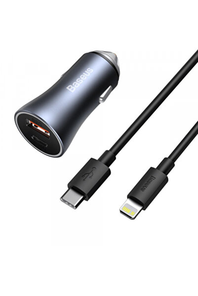 Apple Baseus Golden Contactor Car Charger with Lightning Cable, 40W, 3A, 1 x USB-A - 1 x USB-C, Gray