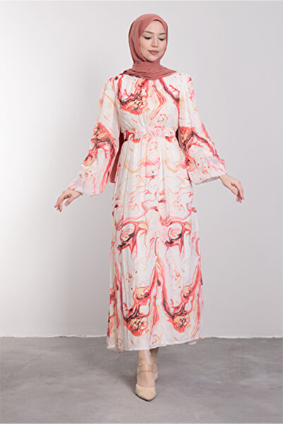 Lamia Giyim Ebruli Desenli Şifon Elbise Nar Çiçeği