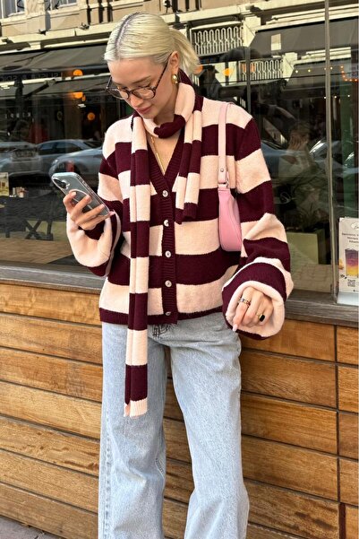 ELBA STİL Navy Blue Striped Scarf Women's Knitwear Cardigan