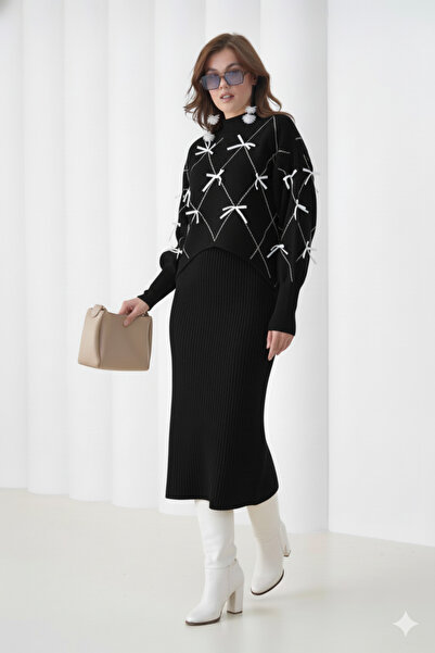 HayalGecesi Women's Knitwear 2-Piece Bow Set with Dress