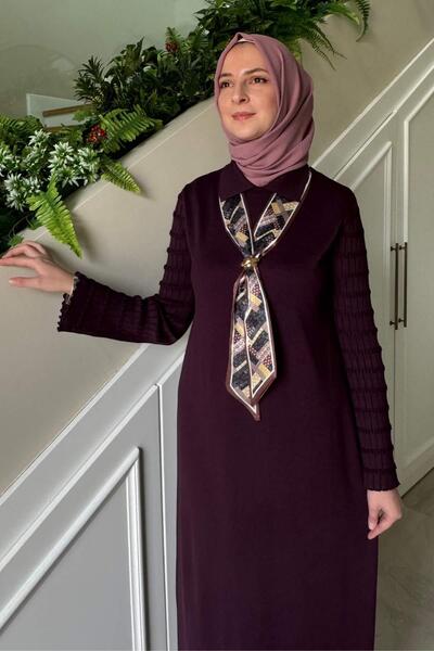 Rabia Şamlı Şölen Scarf Knitwear Dress Plum