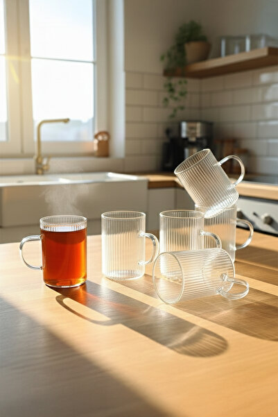 Home Molterra Striped Handle Heat Resistant Borosilicate Glass Coffee Tea Cup Set of 6 200 ml