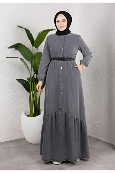 Hb Harma Time Butik Women's Buttoned Belted Denim Dark Gray Jeans Dress