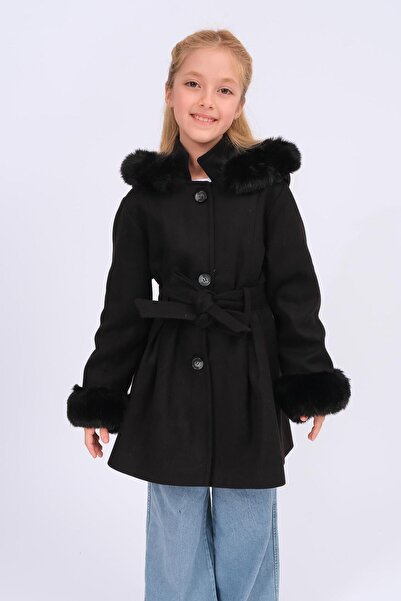Perendi Παλτό για κορίτσια με γούνινη λεπτομέρεια με κουκούλα με ζώνη – Μαύρο