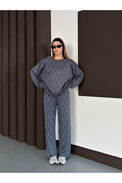 orjinal blue b Women's Casual Diamond Pattern Blouse Elastic Waist Pants Modal Set 3089 60283221