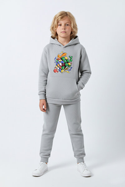 YA KO KİDS 3 İplik Ş Fleece-Lined Boys' Tracksuit Set with Kangaroo Pocket and Intelligence Cube Print Detail