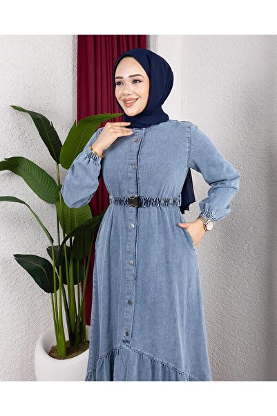 Hb Harma Time Butik Women's Buttoned Belted Denim Jeans Blue Dress