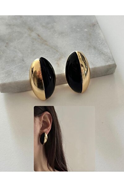 Twinssis Accessories Black Enamel Gold Oval Earrings