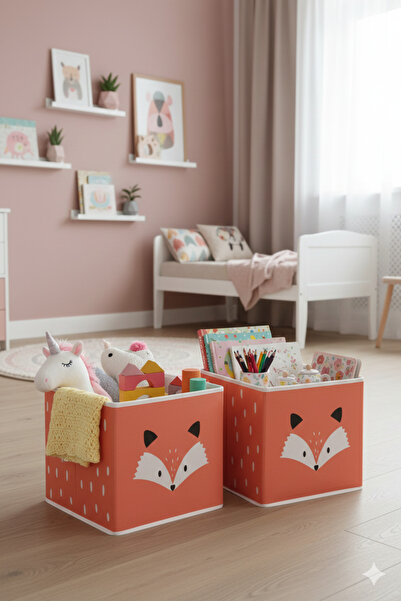 HomyJRs 2-Piece Fox Printed Brick Color Box Without Lid 30x30x30 Cm