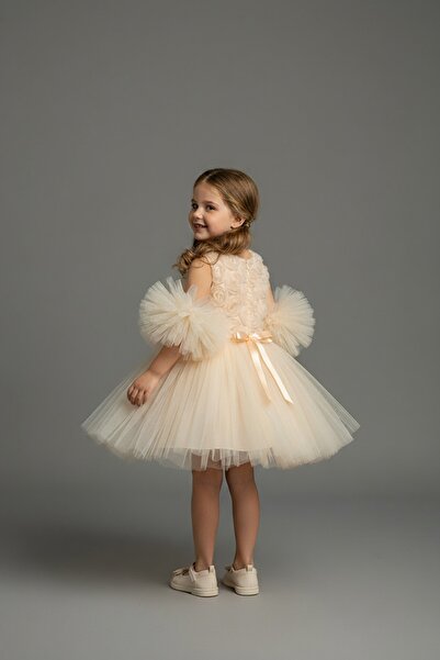 Delfini kids Rochie de petrecere și de zi de naștere din tul cu mâneci cu pompon și imprimeu cu trandafiri