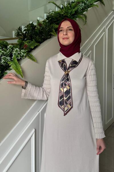 Rabia Şamlı Şölen Scarf Knitwear Dress Stone