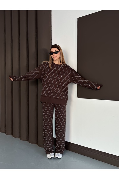 orjinal blue b Women's Casual Diamond Pattern Blouse Elastic Waist Pants Modal Set 3089 60283221