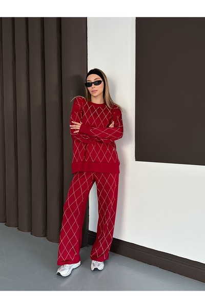 orjinal blue b Women's Casual Diamond Pattern Blouse Elastic Waist Pants Modal Set 3089 60283221