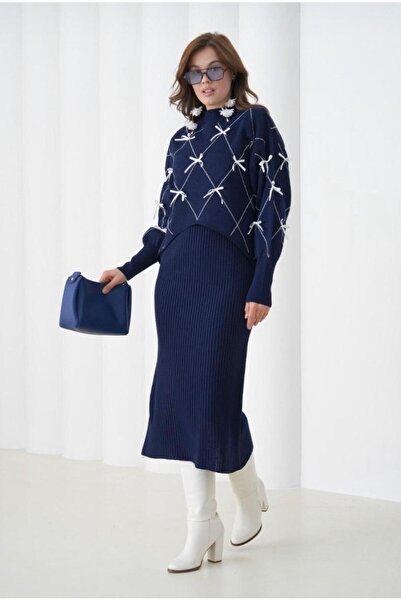 HayalGecesi Women's Knitwear 2-Piece Bow Set with Dress