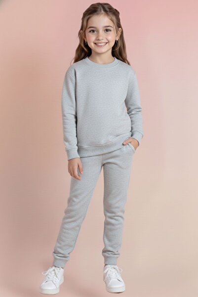 cm buseyiz Girl's Heart Printed Crew Neck Tracksuit Set – Black & Grey