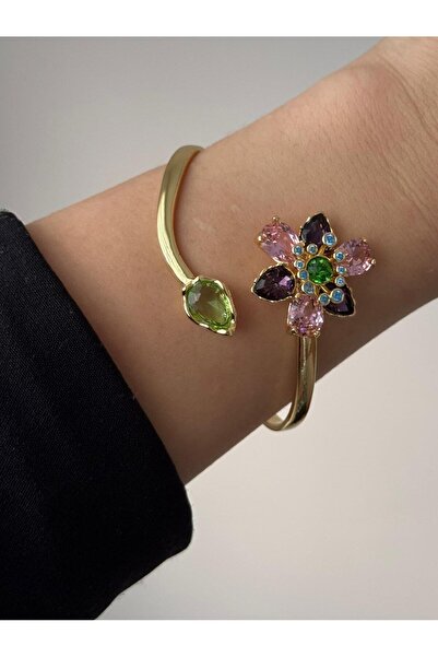 LEROSY CO. Zirkon Taşlı Çiçek Kelepçe Paslanmaz Çelik Gold