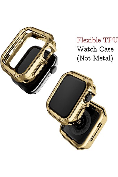 Generic Stainless Steel Band with TPU Case Compatible with Apple Watch 45/44/42mm, Gold