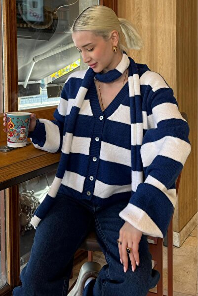 ELBA STİL Navy Blue Striped Scarf Women's Knitwear Cardigan