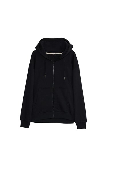 Tudors Men's relaxed fit cotton full-zip black sweatshirt with kangaroo pocket and backpack design