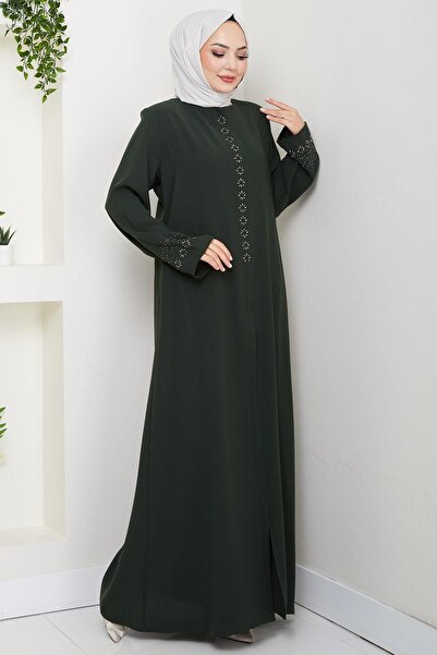 hafsamina Hidden Placket Flower Stone Ferace Khaki Hm2859