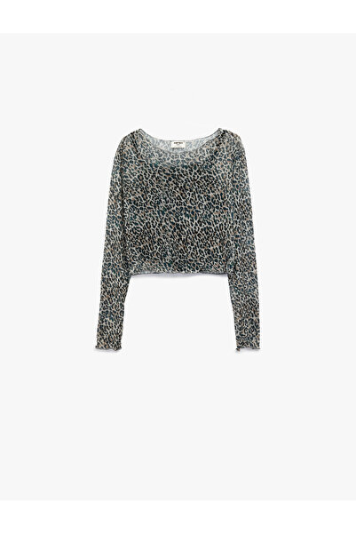 Koton Leopard Print Long Sleeve Crew Neck Crop Blouse