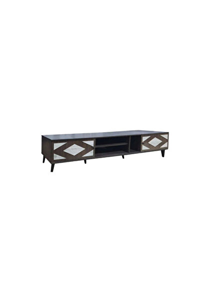 BAITY Rectangular TV Table 200 cm, 2 Drawers, Malaysian Wood - Brown and Gray