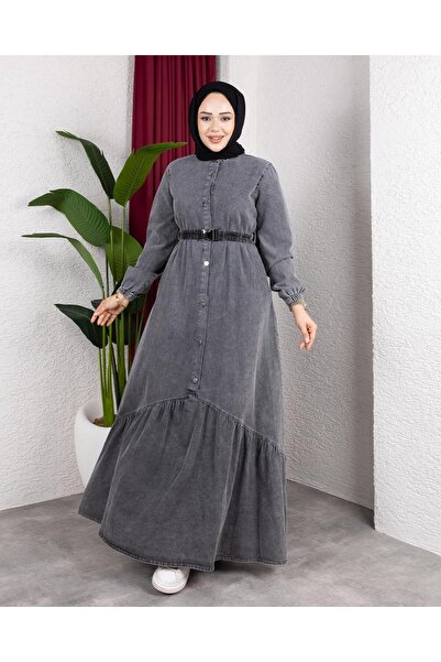 Hb Harma Time Butik Women's Buttoned Belted Denim Dark Gray Jeans Dress