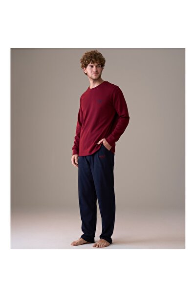PİJAPİA Men's Long Sleeve Pajama Set Comfortable and Soft Textured Burgundy