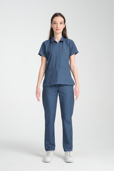 YILMAZ Üniforma POLO yaka kot mavi renk likralı ütü istemeyen unisex doktor h...