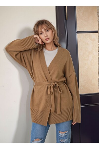 MAMAYAGA Midi Length Suitable for Women's Hijab Double-Breasted Closure Belted Long Sleeve Pocketed Sporty Stylish Knitwear Cardigan Jacket