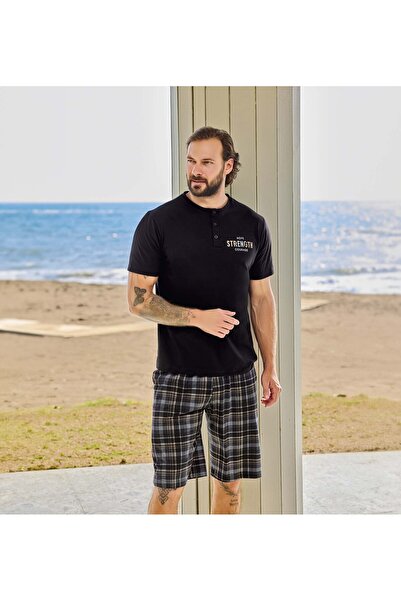 Aydoğan Men's Shorts Pajama Set Bottom Plaid Top Collar with Buttons 250358