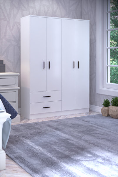 Gubimo Abete-4 Kapılı 2 Çekmeceli 2 Askılıklı Gardırop (ELBİSE DOLABI-YÜKLÜK) / Beyaz