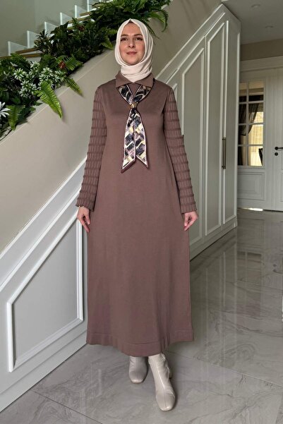 Rabia Şamlı Şölen Scarf Knitwear Dress Milky Coffee